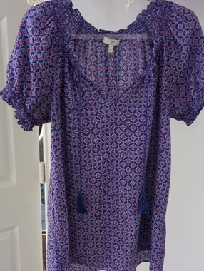 Joie Silk Blue Floral-Print V-Neck Blouse with Red Accents